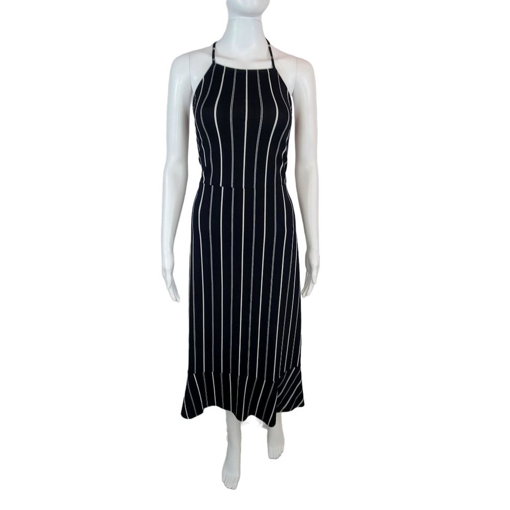Express Black & White Striped Spaghetti Strap Halter Midi Ruffle Dress Sz L
